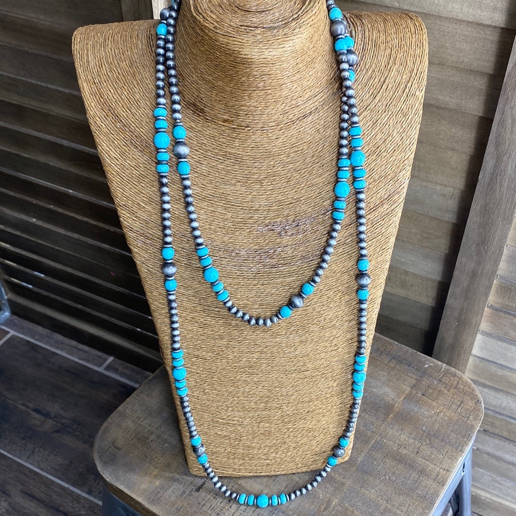 Long Navajo Style Turquoise Pearl Necklace