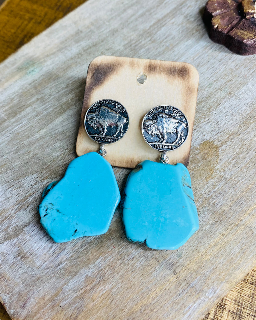 Buffalo Coin Turquoise Slab Earrings