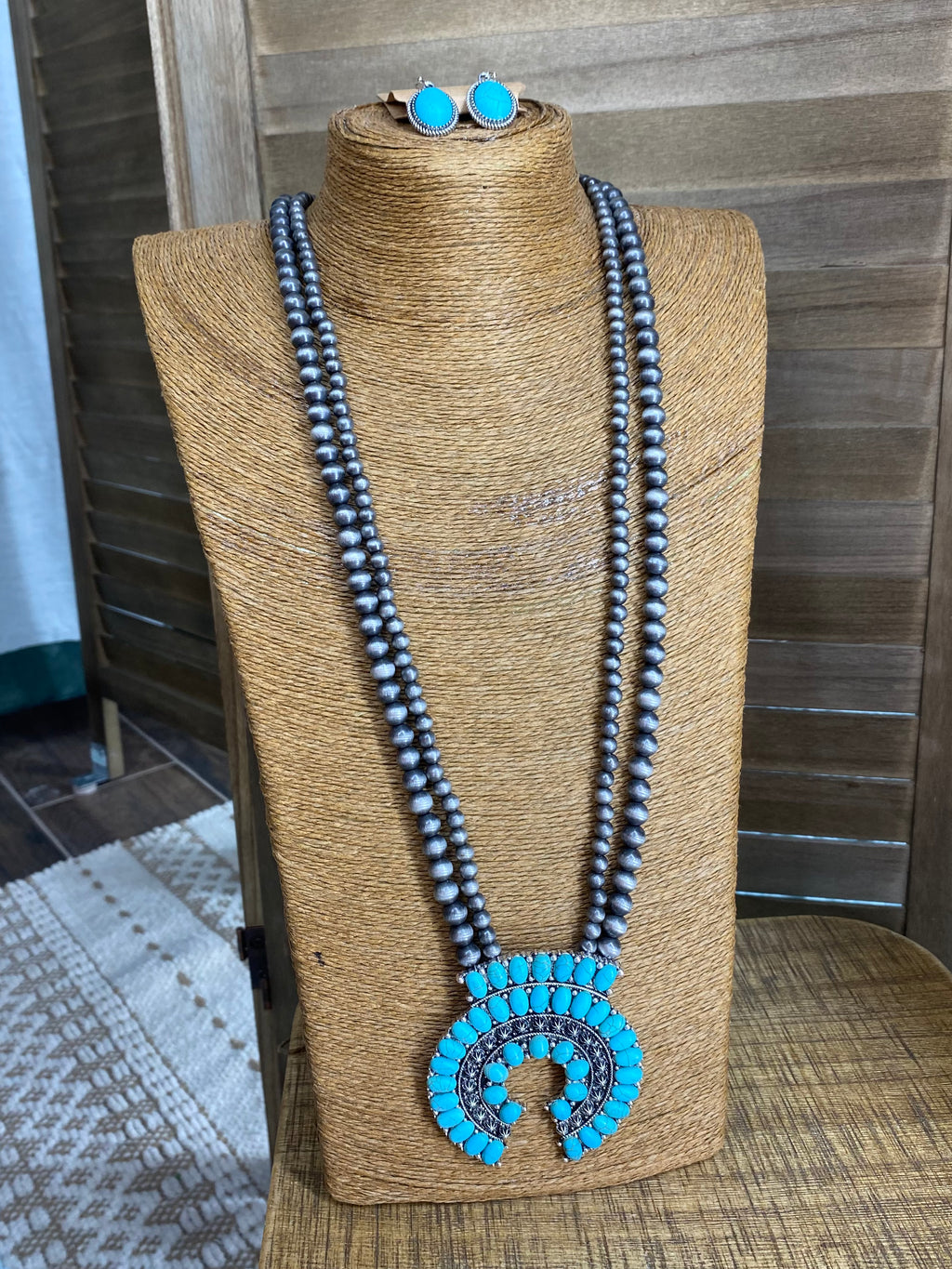 Long Navajo Pearl Necklace With Turquoise Pendant