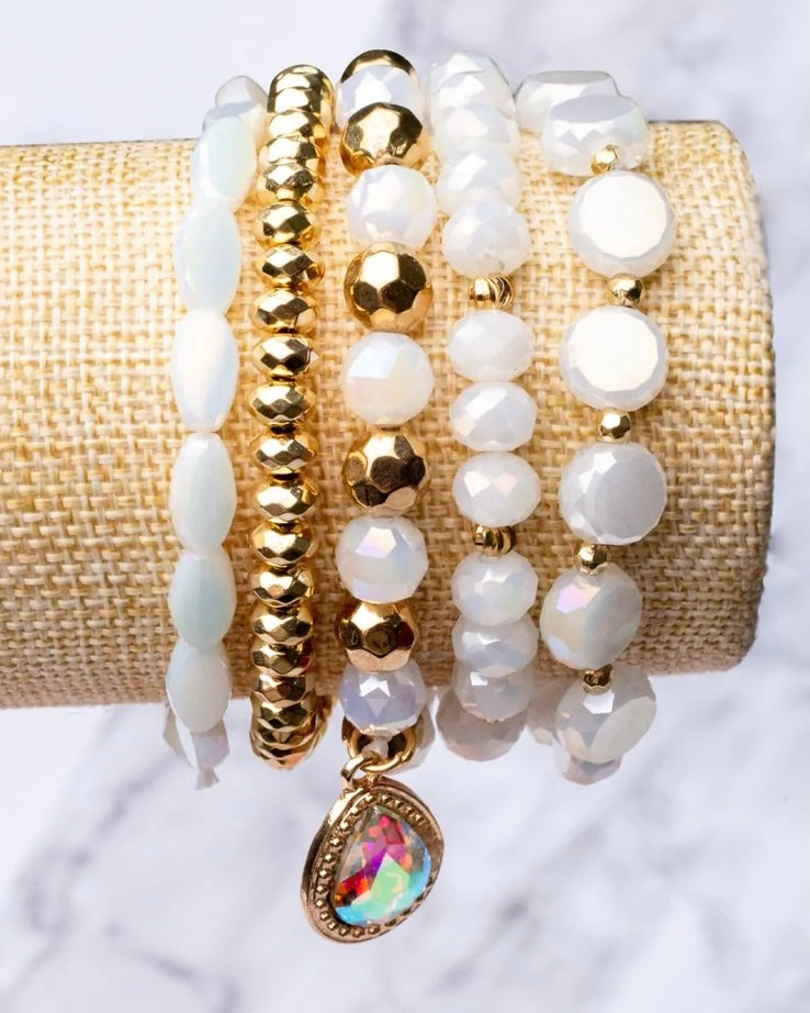 White Iridescent a at Om Mix Stacked Bracelet