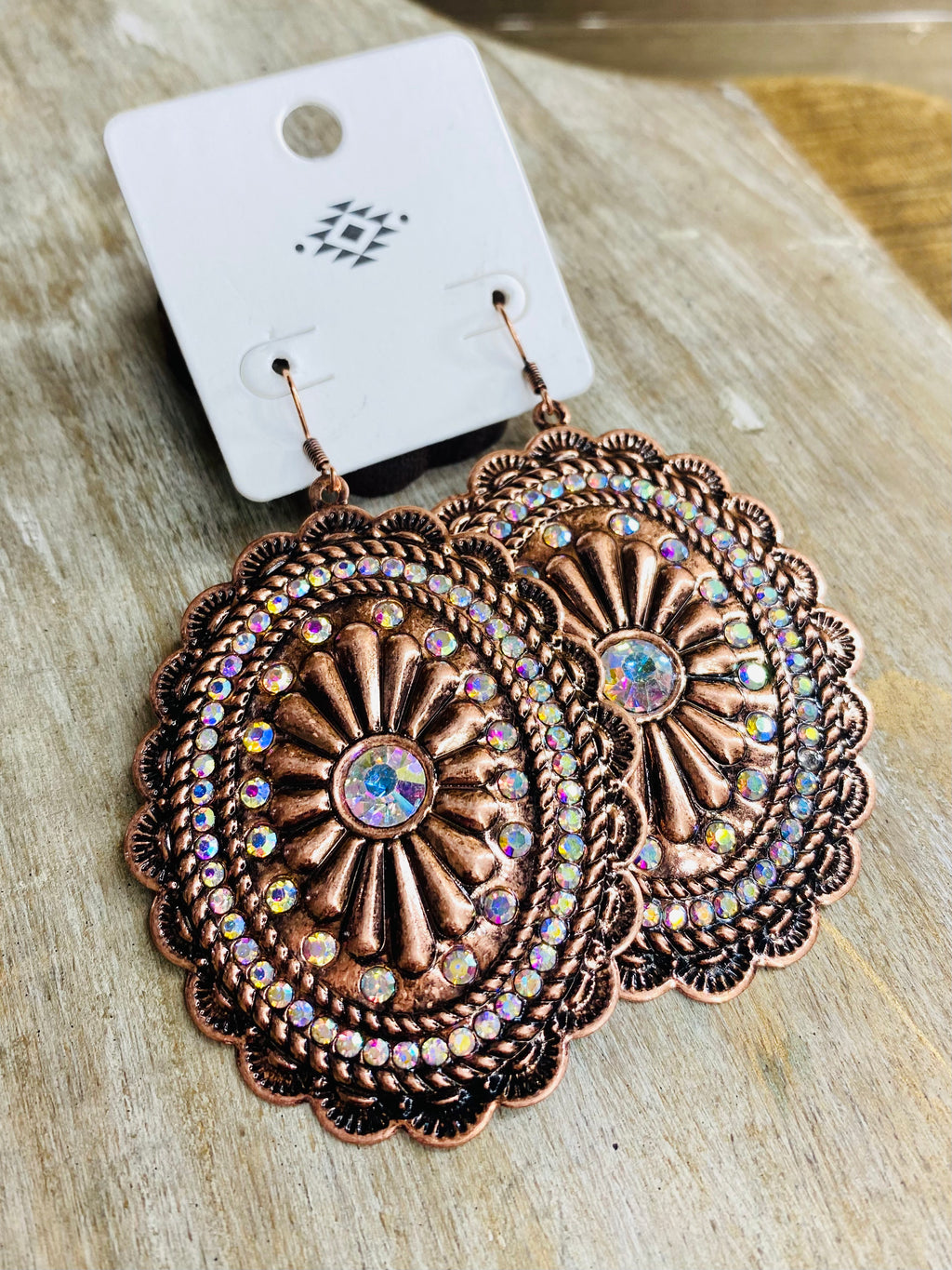 Large Rhinestone Copper Concho Earrings