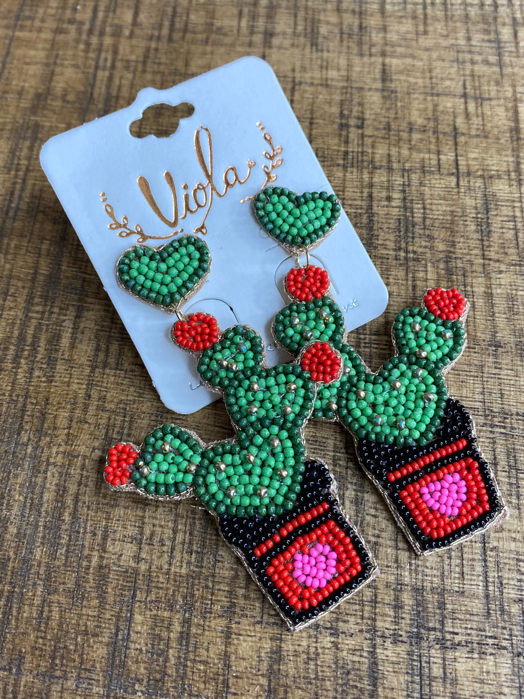 Seed Bead Cactus Heart Earrings