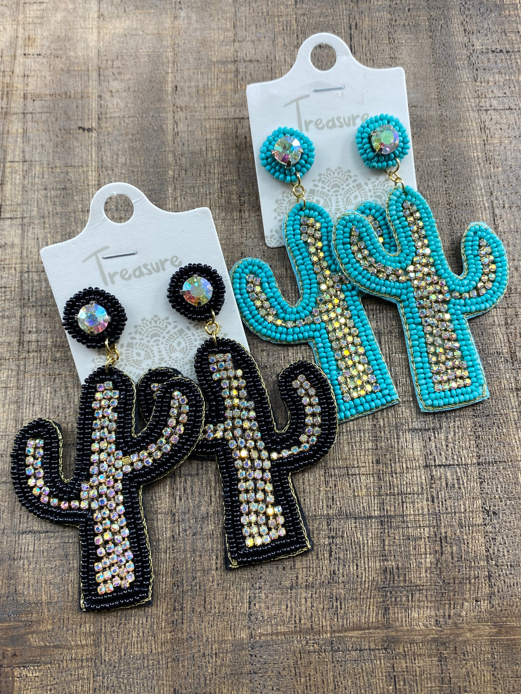 Beaded Rhinestone Cactus Earrings