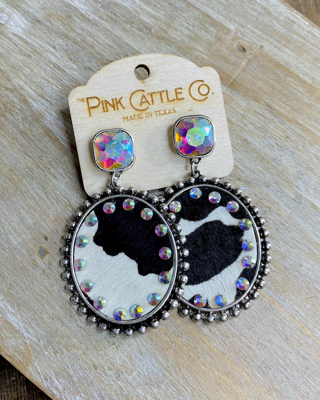 Rhinestone Stud Cowhide Earrings