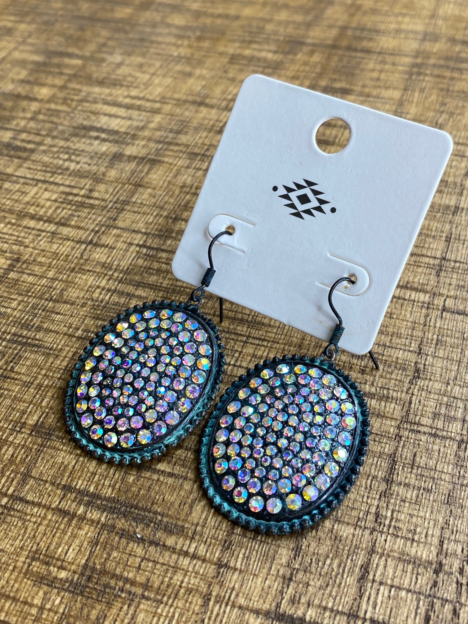 Patina Rhinestone Oval Concho Earrings